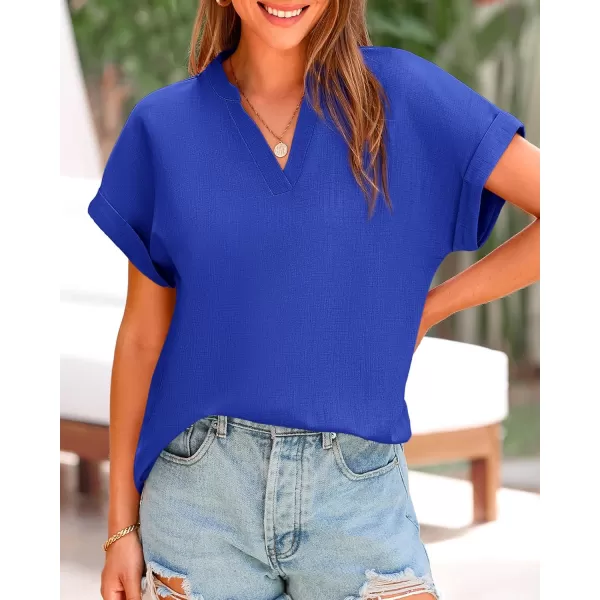 BTFBM Womens Summer Tops 2024 V Neck Short Sleeve Tshirt Loose Flowy Tunics Solid Color Dressy Casual Blouse ShirtsSolid Royal Blue