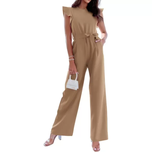BTFBM Women Jumpsuits Crew Neck Ruffle Cap Sleeve Belted High Waist Wide Leg Romper with Pockets One Piece Casual OutfitsSolid Khaki