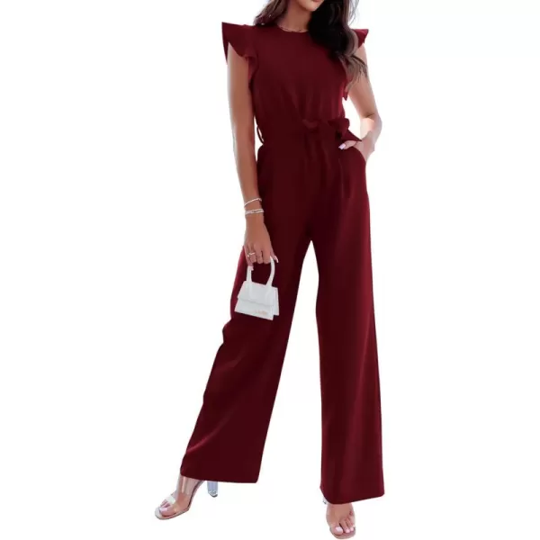 BTFBM Women Jumpsuits Crew Neck Ruffle Cap Sleeve Belted High Waist Wide Leg Romper with Pockets One Piece Casual OutfitsSolid Wine Red
