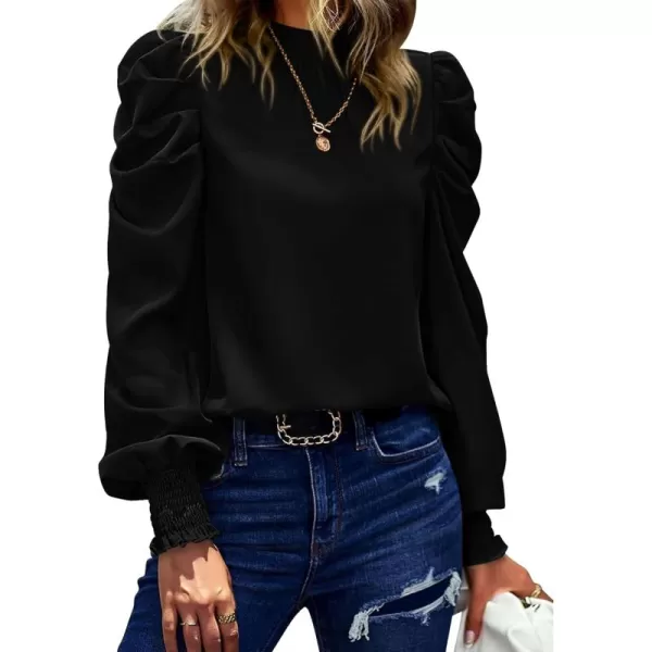BTFBM Women Satin Puff Long Sleeve Blouses Mock Neck Shirts Business Casual Tops Work Dressy Blouse 2024 Fall ClothesSolid Black