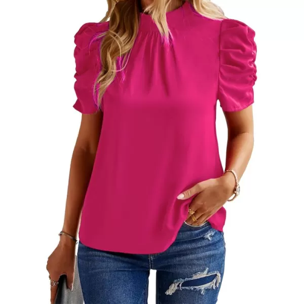 BTFBM Womens Summer Boho Shirt Top Ruffle Short Sleeve Frill Trim Mock Neck Floral Solid 2024 Casual Blouses Shirts TopsSolid Rose Red
