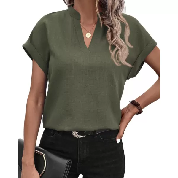 BTFBM Womens Summer Tops 2024 V Neck Short Sleeve Tshirt Loose Flowy Tunics Solid Color Dressy Casual Blouse ShirtsSolid Army Green