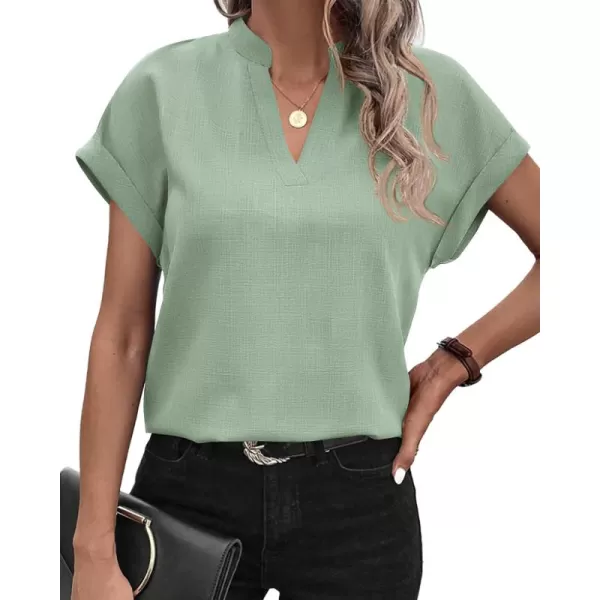 BTFBM Womens Summer Tops 2024 V Neck Short Sleeve Tshirt Loose Flowy Tunics Solid Color Dressy Casual Blouse ShirtsSolid Bean Green