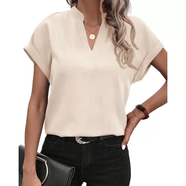 BTFBM Womens Summer Tops 2024 V Neck Short Sleeve Tshirt Loose Flowy Tunics Solid Color Dressy Casual Blouse ShirtsSolid Beige