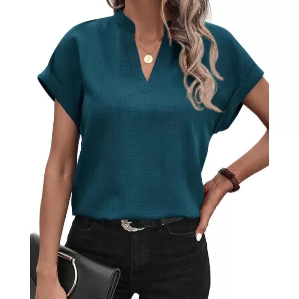 BTFBM Womens Summer Tops 2024 V Neck Short Sleeve Tshirt Loose Flowy Tunics Solid Color Dressy Casual Blouse ShirtsSolid Lake Blue