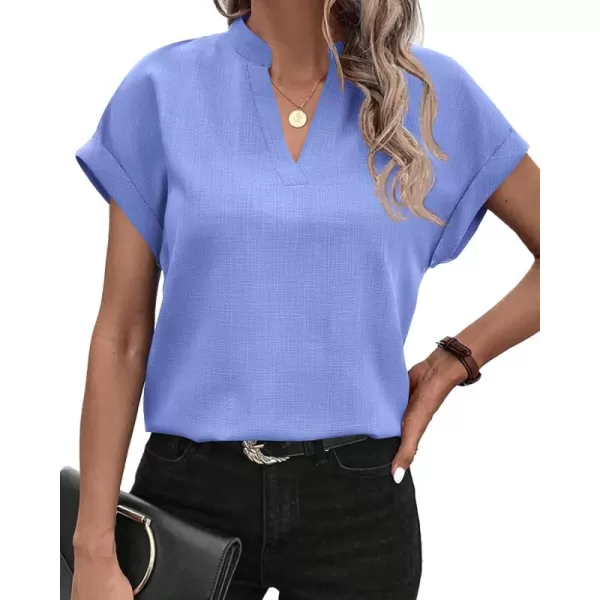 BTFBM Womens Summer Tops 2024 V Neck Short Sleeve Tshirt Loose Flowy Tunics Solid Color Dressy Casual Blouse ShirtsSolid Light Blue