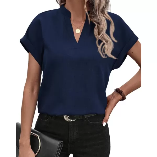 BTFBM Womens Summer Tops 2024 V Neck Short Sleeve Tshirt Loose Flowy Tunics Solid Color Dressy Casual Blouse ShirtsSolid Navy
