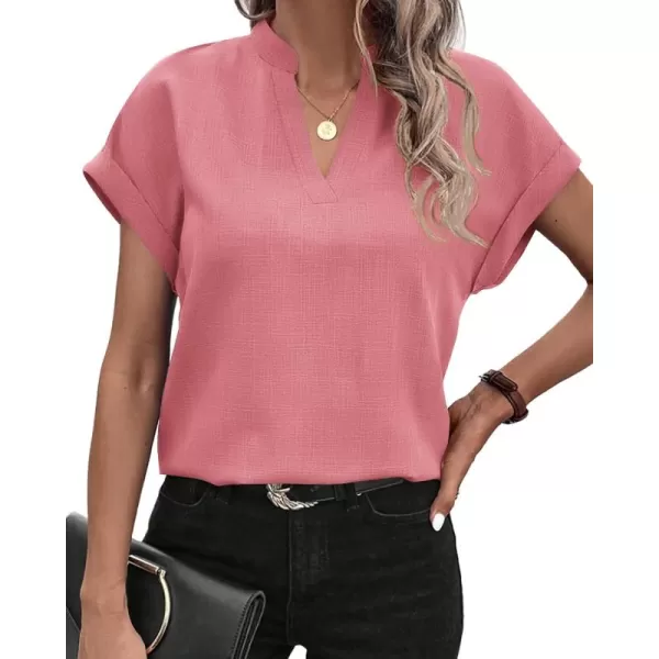 BTFBM Womens Summer Tops 2024 V Neck Short Sleeve Tshirt Loose Flowy Tunics Solid Color Dressy Casual Blouse ShirtsSolid Pink