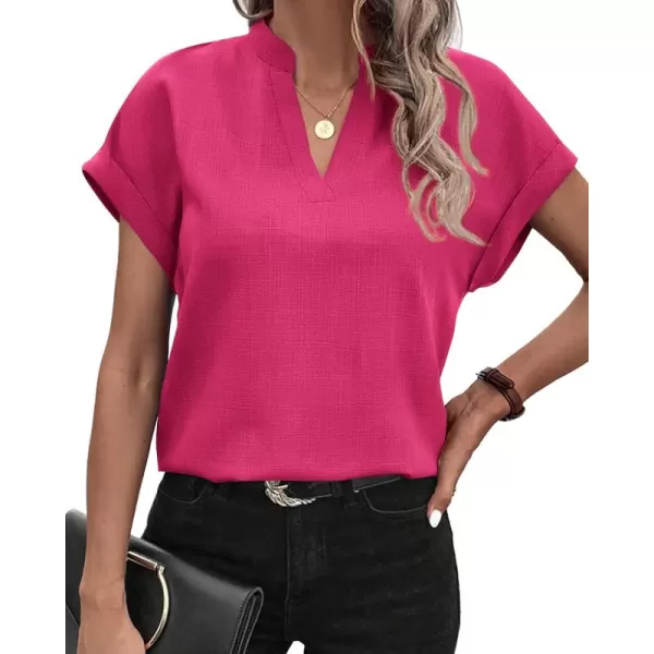 BTFBM Womens Summer Tops 2024 V Neck Short Sleeve Tshirt Loose Flowy Tunics Solid Color Dressy Casual Blouse ShirtsSolid Rose Red