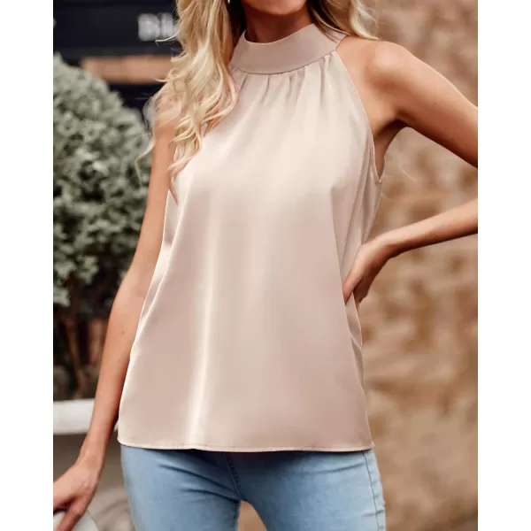 BTFBM 2024 Women Summer Sleeveless Tie Mock Neck Halter Tops Casual Bow Loose Tank Top Lightweight Dressy Blouse ShirtsSolid Apricot