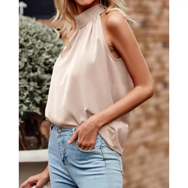 BTFBM 2024 Women Summer Sleeveless Tie Mock Neck Halter Tops Casual Bow Loose Tank Top Lightweight Dressy Blouse ShirtsSolid Apricot