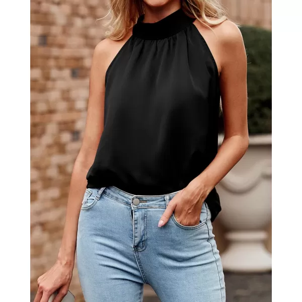 BTFBM 2024 Women Summer Sleeveless Tie Mock Neck Halter Tops Casual Bow Loose Tank Top Lightweight Dressy Blouse ShirtsSolid Black