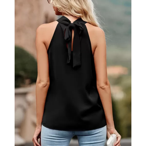 BTFBM 2024 Women Summer Sleeveless Tie Mock Neck Halter Tops Casual Bow Loose Tank Top Lightweight Dressy Blouse ShirtsSolid Black
