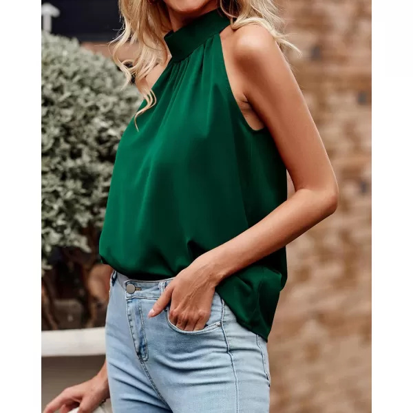 BTFBM 2024 Women Summer Sleeveless Tie Mock Neck Halter Tops Casual Bow Loose Tank Top Lightweight Dressy Blouse ShirtsSolid Dark Green