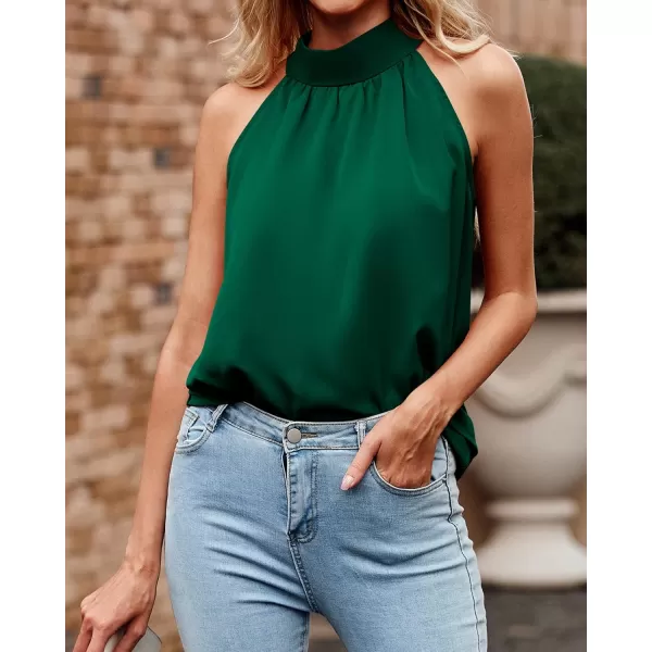 BTFBM 2024 Women Summer Sleeveless Tie Mock Neck Halter Tops Casual Bow Loose Tank Top Lightweight Dressy Blouse ShirtsSolid Dark Green