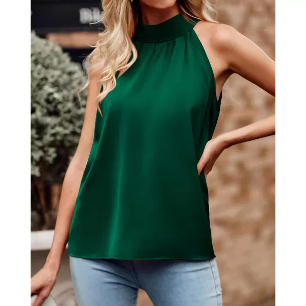 BTFBM 2024 Women Summer Sleeveless Tie Mock Neck Halter Tops Casual Bow Loose Tank Top Lightweight Dressy Blouse ShirtsSolid Dark Green