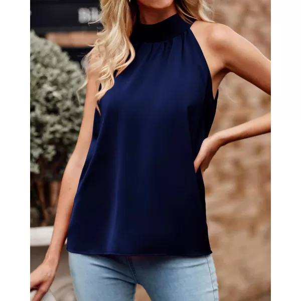 BTFBM 2024 Women Summer Sleeveless Tie Mock Neck Halter Tops Casual Bow Loose Tank Top Lightweight Dressy Blouse ShirtsSolid Navy