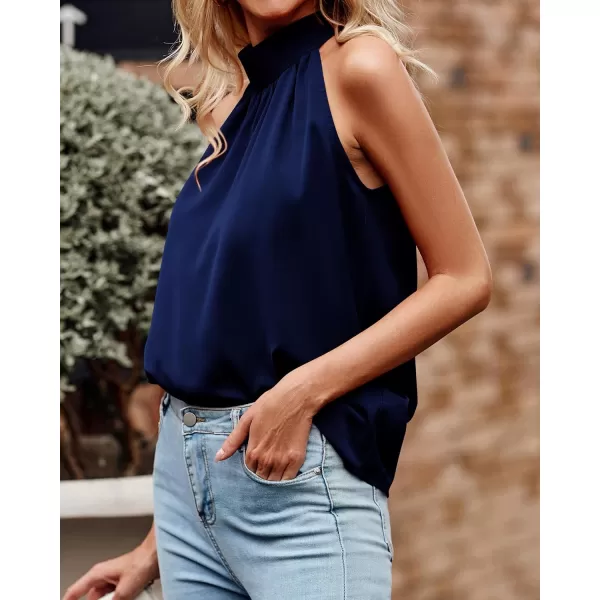 BTFBM 2024 Women Summer Sleeveless Tie Mock Neck Halter Tops Casual Bow Loose Tank Top Lightweight Dressy Blouse ShirtsSolid Navy