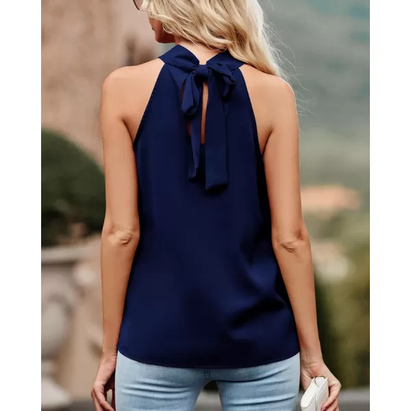 BTFBM 2024 Women Summer Sleeveless Tie Mock Neck Halter Tops Casual Bow Loose Tank Top Lightweight Dressy Blouse ShirtsSolid Navy
