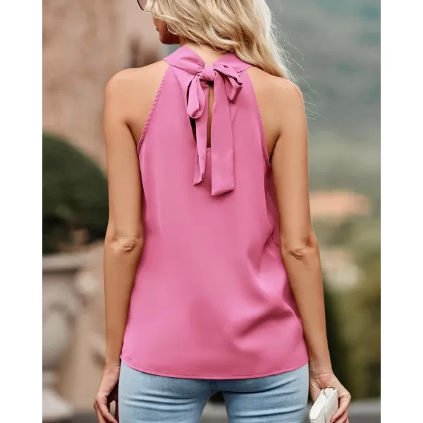 BTFBM 2024 Women Summer Sleeveless Tie Mock Neck Halter Tops Casual Bow Loose Tank Top Lightweight Dressy Blouse ShirtsSolid Pink