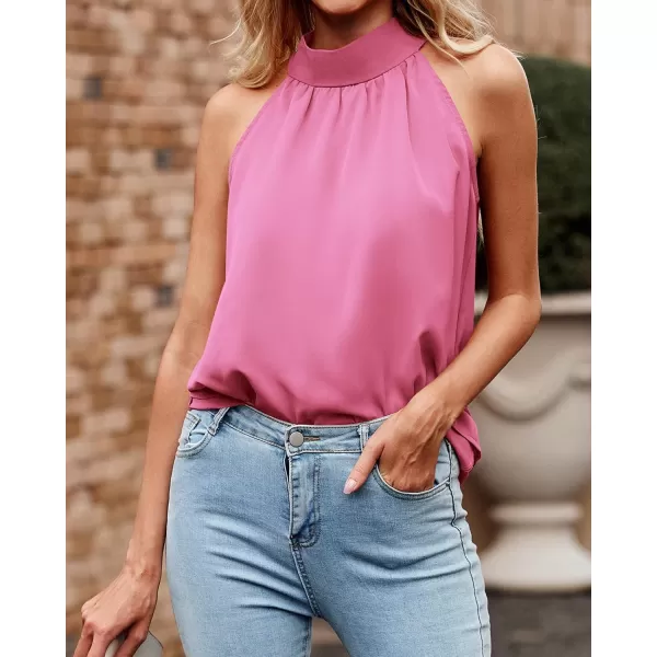BTFBM 2024 Women Summer Sleeveless Tie Mock Neck Halter Tops Casual Bow Loose Tank Top Lightweight Dressy Blouse ShirtsSolid Pink