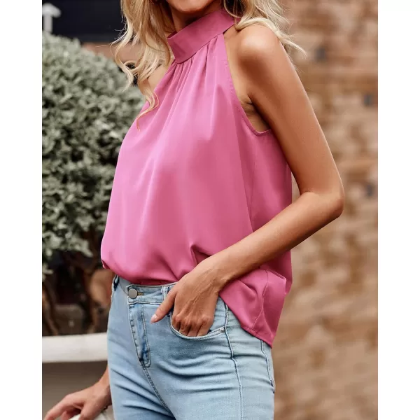 BTFBM 2024 Women Summer Sleeveless Tie Mock Neck Halter Tops Casual Bow Loose Tank Top Lightweight Dressy Blouse ShirtsSolid Pink