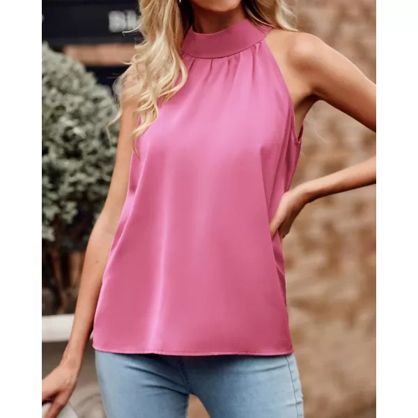 BTFBM 2024 Women Summer Sleeveless Tie Mock Neck Halter Tops Casual Bow Loose Tank Top Lightweight Dressy Blouse ShirtsSolid Pink