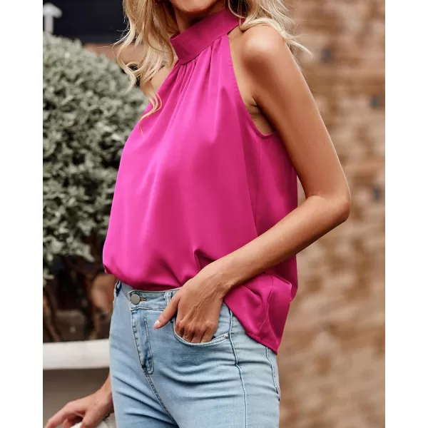 BTFBM 2024 Women Summer Sleeveless Tie Mock Neck Halter Tops Casual Bow Loose Tank Top Lightweight Dressy Blouse ShirtsSolid Rose Pink