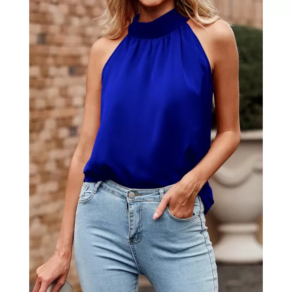 BTFBM 2024 Women Summer Sleeveless Tie Mock Neck Halter Tops Casual Bow Loose Tank Top Lightweight Dressy Blouse ShirtsSolid Royal Blue
