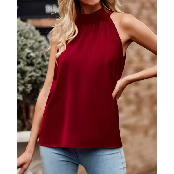 BTFBM 2024 Women Summer Sleeveless Tie Mock Neck Halter Tops Casual Bow Loose Tank Top Lightweight Dressy Blouse ShirtsSolid Wine Red