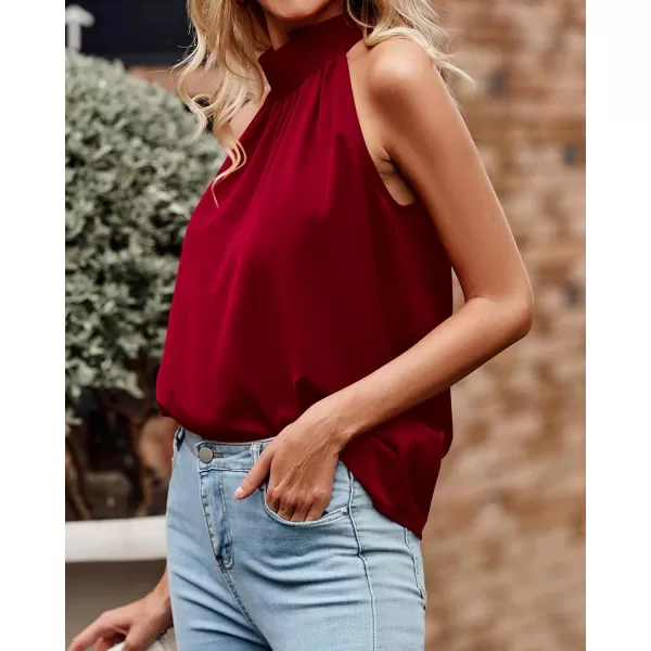 BTFBM 2024 Women Summer Sleeveless Tie Mock Neck Halter Tops Casual Bow Loose Tank Top Lightweight Dressy Blouse ShirtsSolid Wine Red