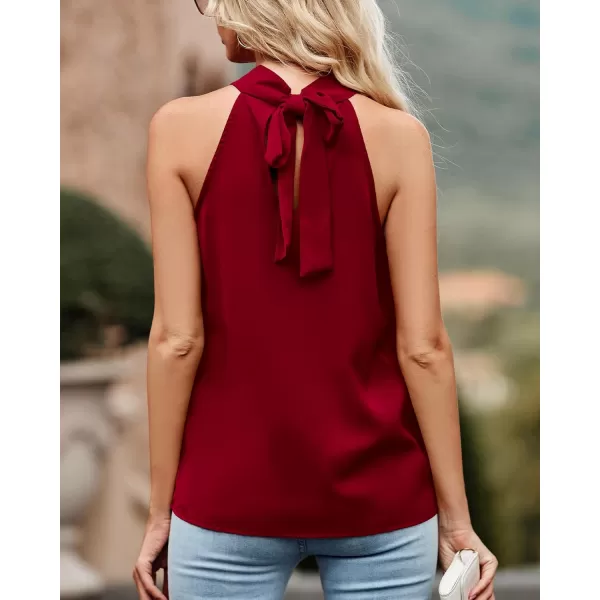 BTFBM 2024 Women Summer Sleeveless Tie Mock Neck Halter Tops Casual Bow Loose Tank Top Lightweight Dressy Blouse ShirtsSolid Wine Red