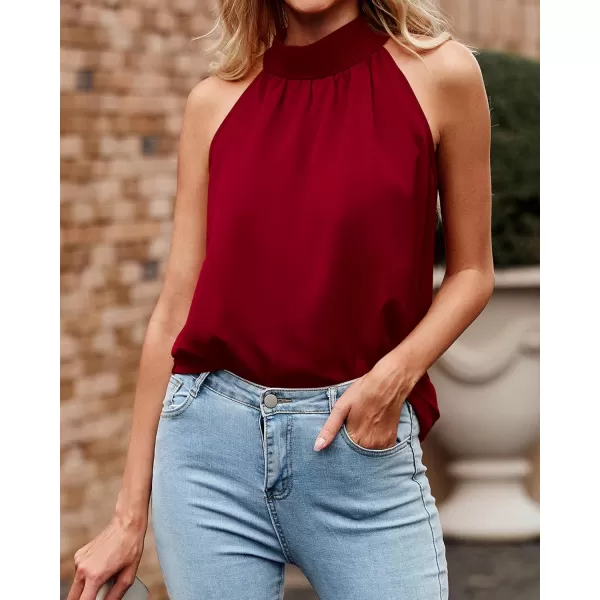 BTFBM 2024 Women Summer Sleeveless Tie Mock Neck Halter Tops Casual Bow Loose Tank Top Lightweight Dressy Blouse ShirtsSolid Wine Red