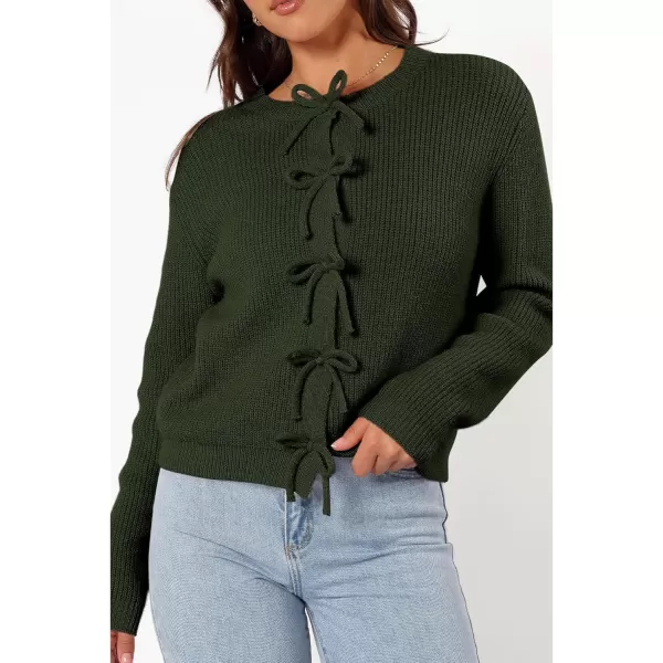 BTFBM Cardigan Sweaters for Women Trendy 2024 Fall Open Front Long Sleeve Button Down Bow Knot Cropped Lady JacketArmy Green