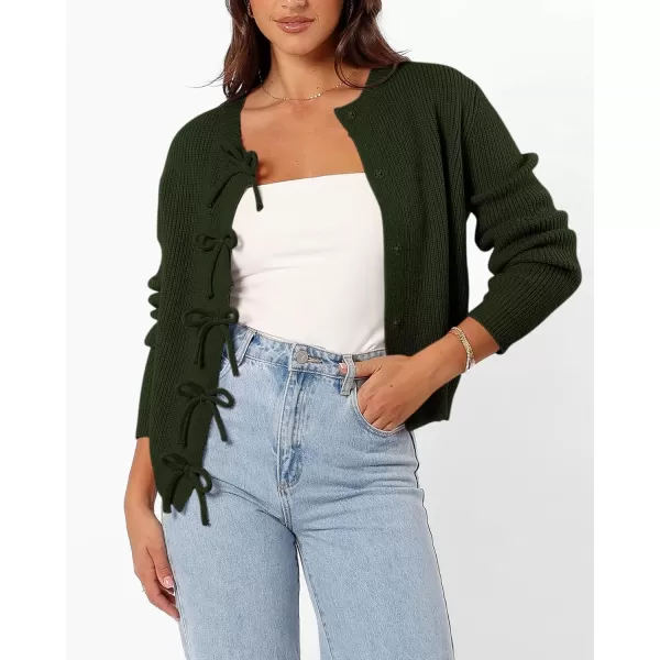 BTFBM Cardigan Sweaters for Women Trendy 2024 Fall Open Front Long Sleeve Button Down Bow Knot Cropped Lady JacketArmy Green