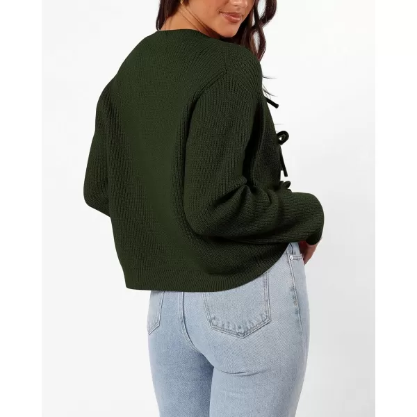 BTFBM Cardigan Sweaters for Women Trendy 2024 Fall Open Front Long Sleeve Button Down Bow Knot Cropped Lady JacketArmy Green