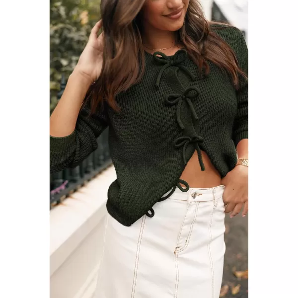 BTFBM Cardigan Sweaters for Women Trendy 2024 Fall Open Front Long Sleeve Button Down Bow Knot Cropped Lady JacketArmy Green