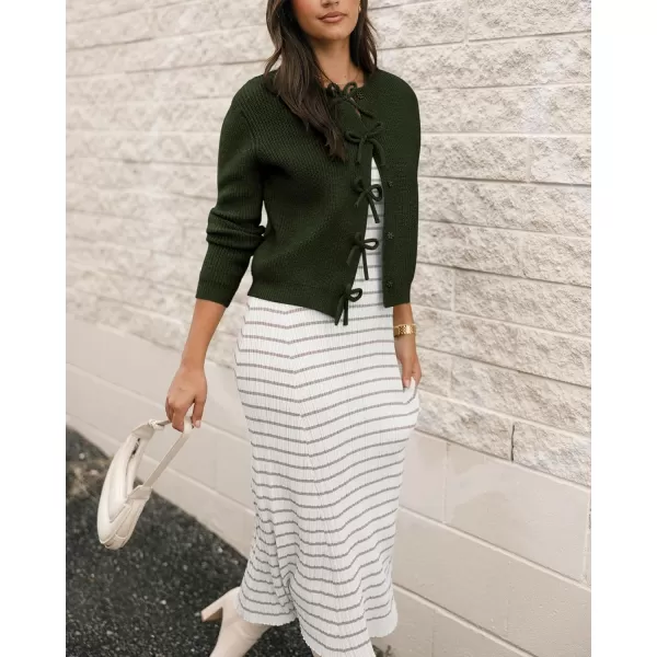 BTFBM Cardigan Sweaters for Women Trendy 2024 Fall Open Front Long Sleeve Button Down Bow Knot Cropped Lady JacketArmy Green