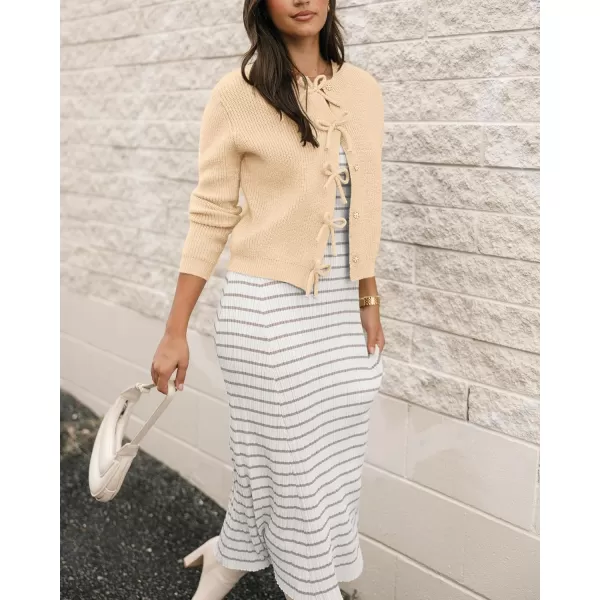 BTFBM Cardigan Sweaters for Women Trendy 2024 Fall Open Front Long Sleeve Button Down Bow Knot Cropped Lady JacketBeige