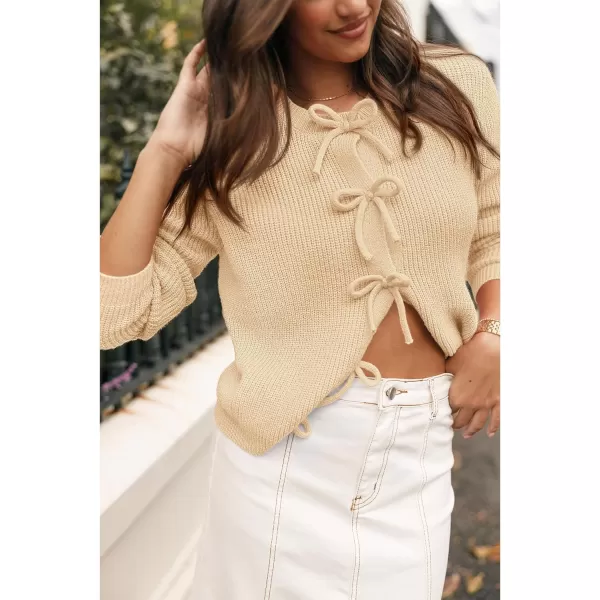 BTFBM Cardigan Sweaters for Women Trendy 2024 Fall Open Front Long Sleeve Button Down Bow Knot Cropped Lady JacketBeige