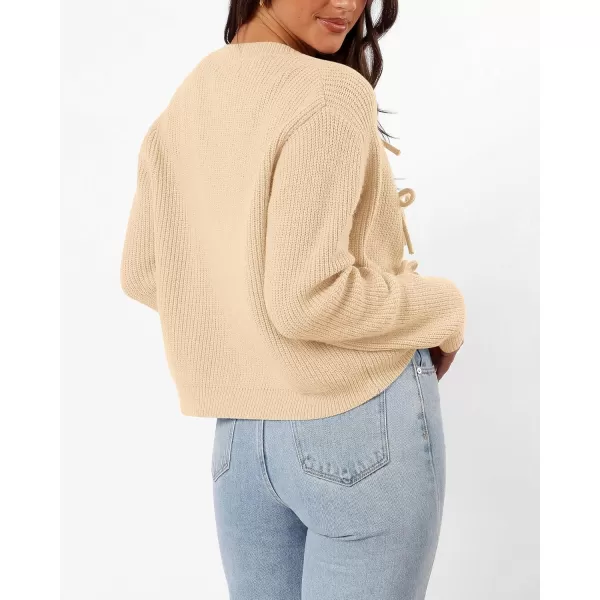 BTFBM Cardigan Sweaters for Women Trendy 2024 Fall Open Front Long Sleeve Button Down Bow Knot Cropped Lady JacketBeige