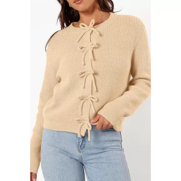 BTFBM Cardigan Sweaters for Women Trendy 2024 Fall Open Front Long Sleeve Button Down Bow Knot Cropped Lady JacketBeige
