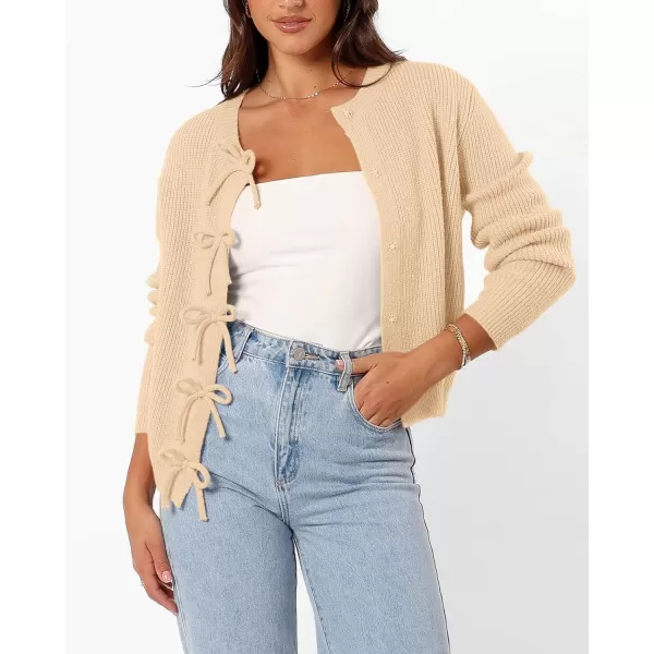 BTFBM Cardigan Sweaters for Women Trendy 2024 Fall Open Front Long Sleeve Button Down Bow Knot Cropped Lady JacketBeige
