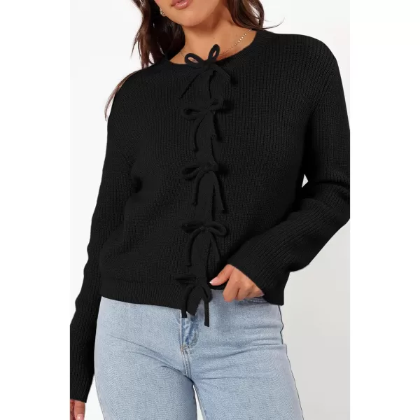 BTFBM Cardigan Sweaters for Women Trendy 2024 Fall Open Front Long Sleeve Button Down Bow Knot Cropped Lady JacketBlack
