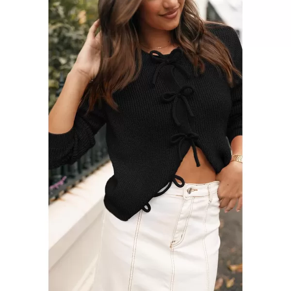 BTFBM Cardigan Sweaters for Women Trendy 2024 Fall Open Front Long Sleeve Button Down Bow Knot Cropped Lady JacketBlack