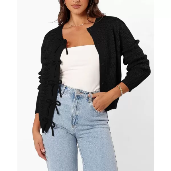 BTFBM Cardigan Sweaters for Women Trendy 2024 Fall Open Front Long Sleeve Button Down Bow Knot Cropped Lady JacketBlack