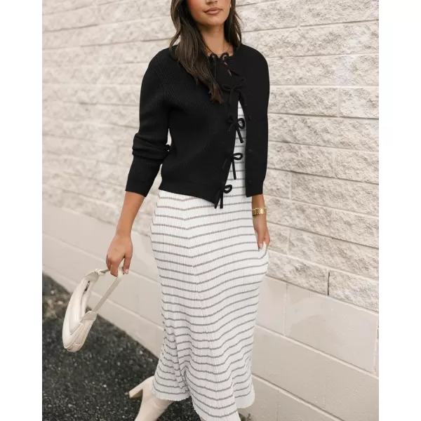 BTFBM Cardigan Sweaters for Women Trendy 2024 Fall Open Front Long Sleeve Button Down Bow Knot Cropped Lady JacketBlack