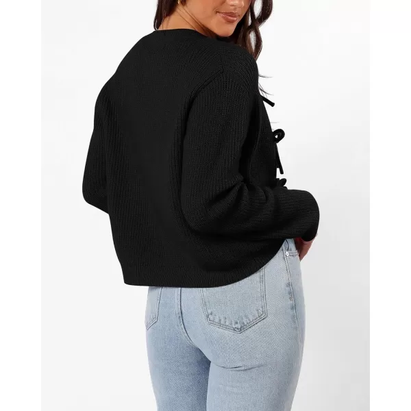 BTFBM Cardigan Sweaters for Women Trendy 2024 Fall Open Front Long Sleeve Button Down Bow Knot Cropped Lady JacketBlack