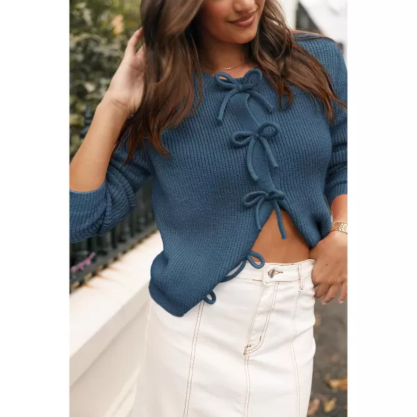 BTFBM Cardigan Sweaters for Women Trendy 2024 Fall Open Front Long Sleeve Button Down Bow Knot Cropped Lady JacketBlue