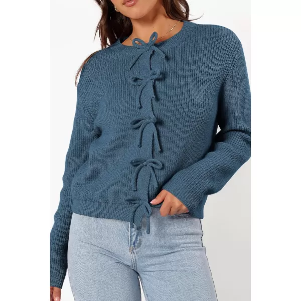 BTFBM Cardigan Sweaters for Women Trendy 2024 Fall Open Front Long Sleeve Button Down Bow Knot Cropped Lady JacketBlue